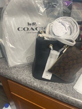 Coach Black Pebbled Leather Bucket Bag with Signature Pouch